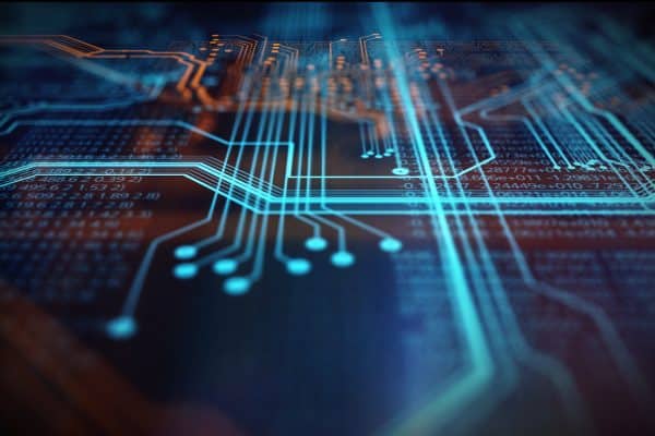 Orange and blue technology background circuit board and code. 3d Illustration