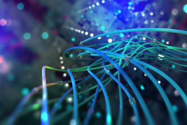 Digital technology. Web of global data. Network connections in the cyberspace of the future. 3D illustration of computer wires in an abstract, futuristic city