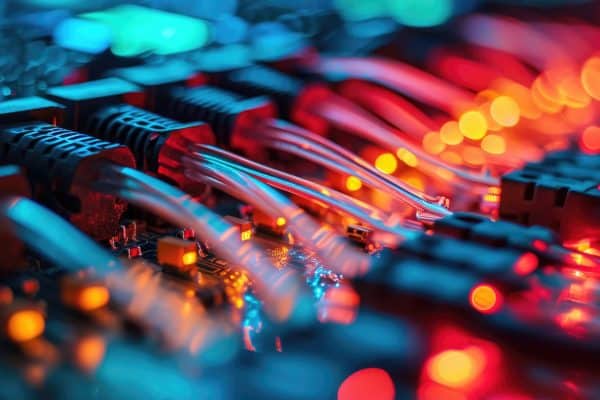 Fiber Optic cables connected to optic ports and Network cables connected to ethernet ports - Connecting fiber optic and network cables to respective ports